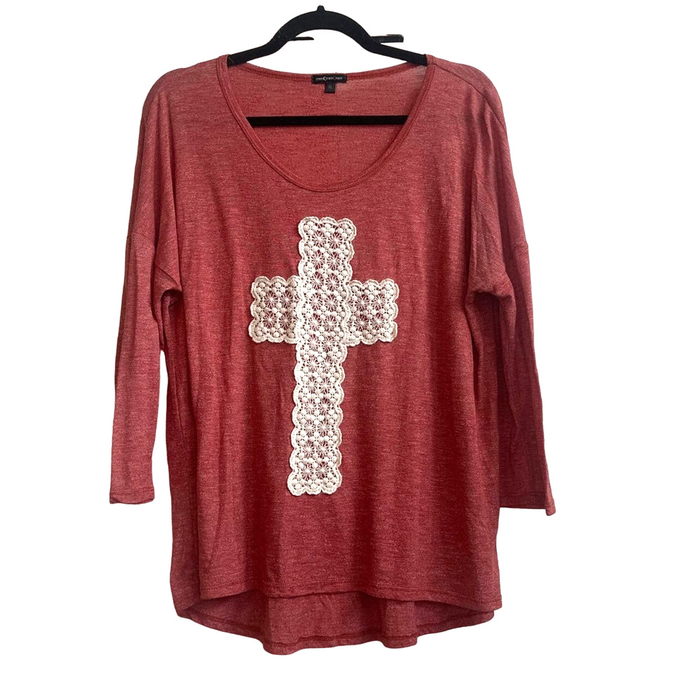 Heather Coral Red Soft 3/4 Sleeve Tee with White Crochet Lace Cross